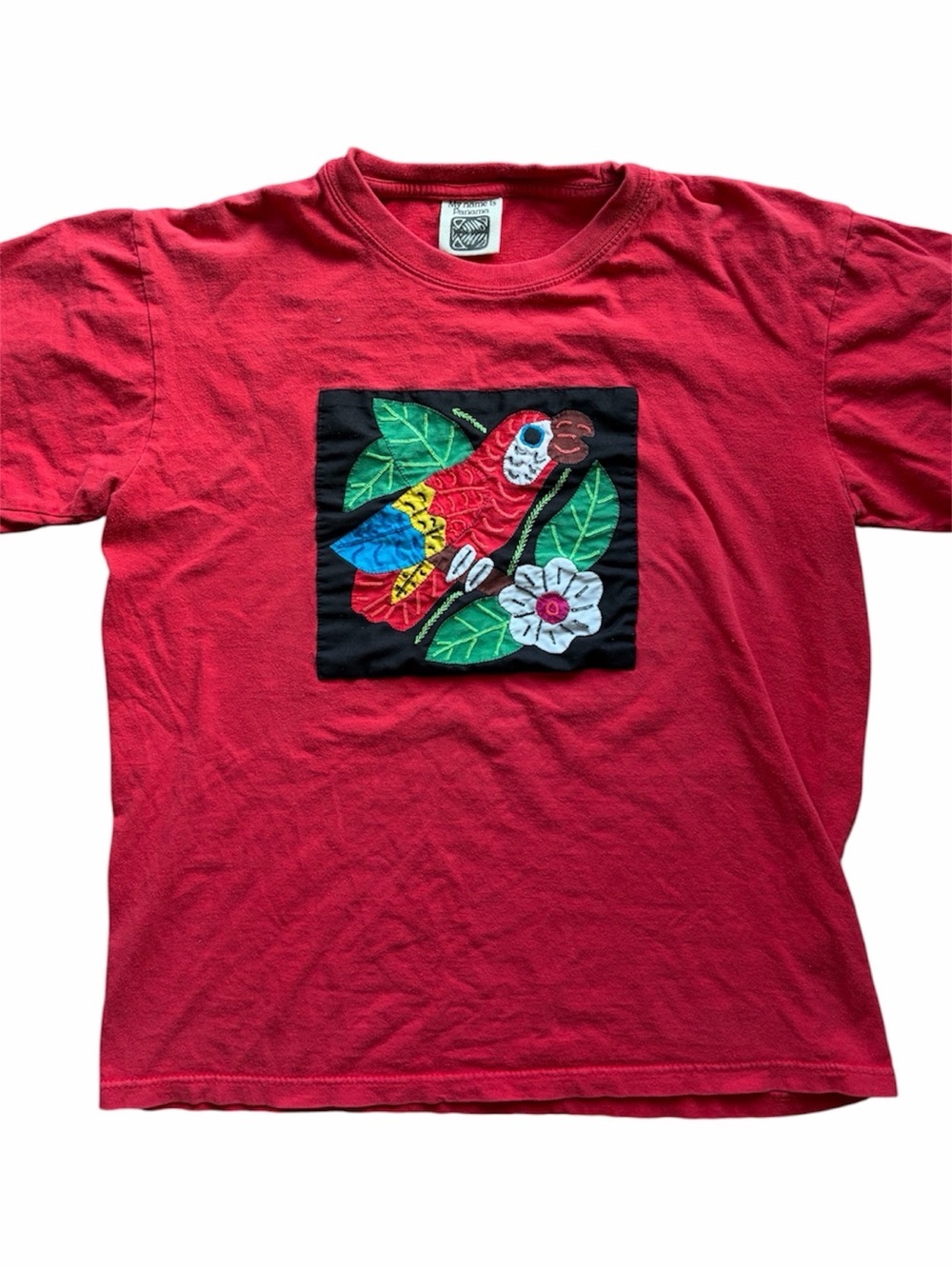 Vintage Red Parrot Embroidered Tee Tropical Bird Graphic Shirt Artsy Casual